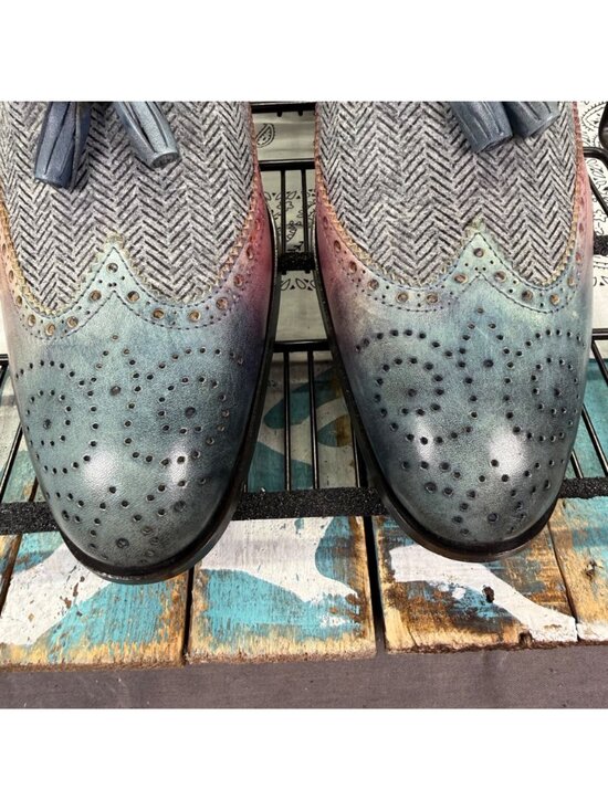 The Persona Store Da Vinci Loafers Custom Made Leather/Tweed Tassle Sz 42/ 8.5-9